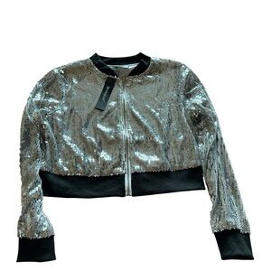 Allegra K Silver Sequin Bomber Jacket | Small